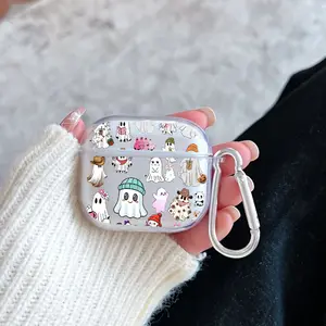 Cute Ghost Ensemble Pattern TPU Soft Protective Case for Apple AirPods 4/3/2/1/Pro/Pro2 Transparent Earphone Cover with Keychain Attachment