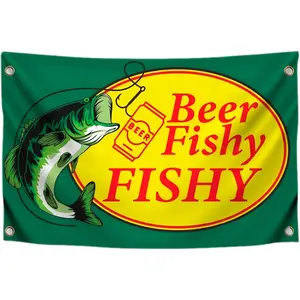 3X5 Feet Beer Fishy Fishy Flag Fishing Decor For Home Man Cave 4 Strong Brass Buckles 100% Polyester Fade Resistant - Can Be Used Indoor Or Outdoor