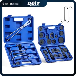 【SummerVibes】Orion Motor Tech Brake Caliper Compression Tools, 2-in-1 32pc Disc & Drum Brake Service Tool Set with 18 Blackened Adapters, Caliper Piston Compressor Tool with Hangers Spoons Installer Retainer, Blue