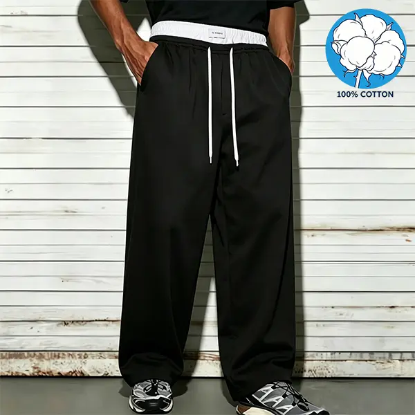 Men's 100% Soft Cotton Sweatpants - Mid Waist, Dual Waistband, Cool Wide-Leg Fit, Breathable, Chic, All Seasons Streetwear Casual Basics Trousers for Husband