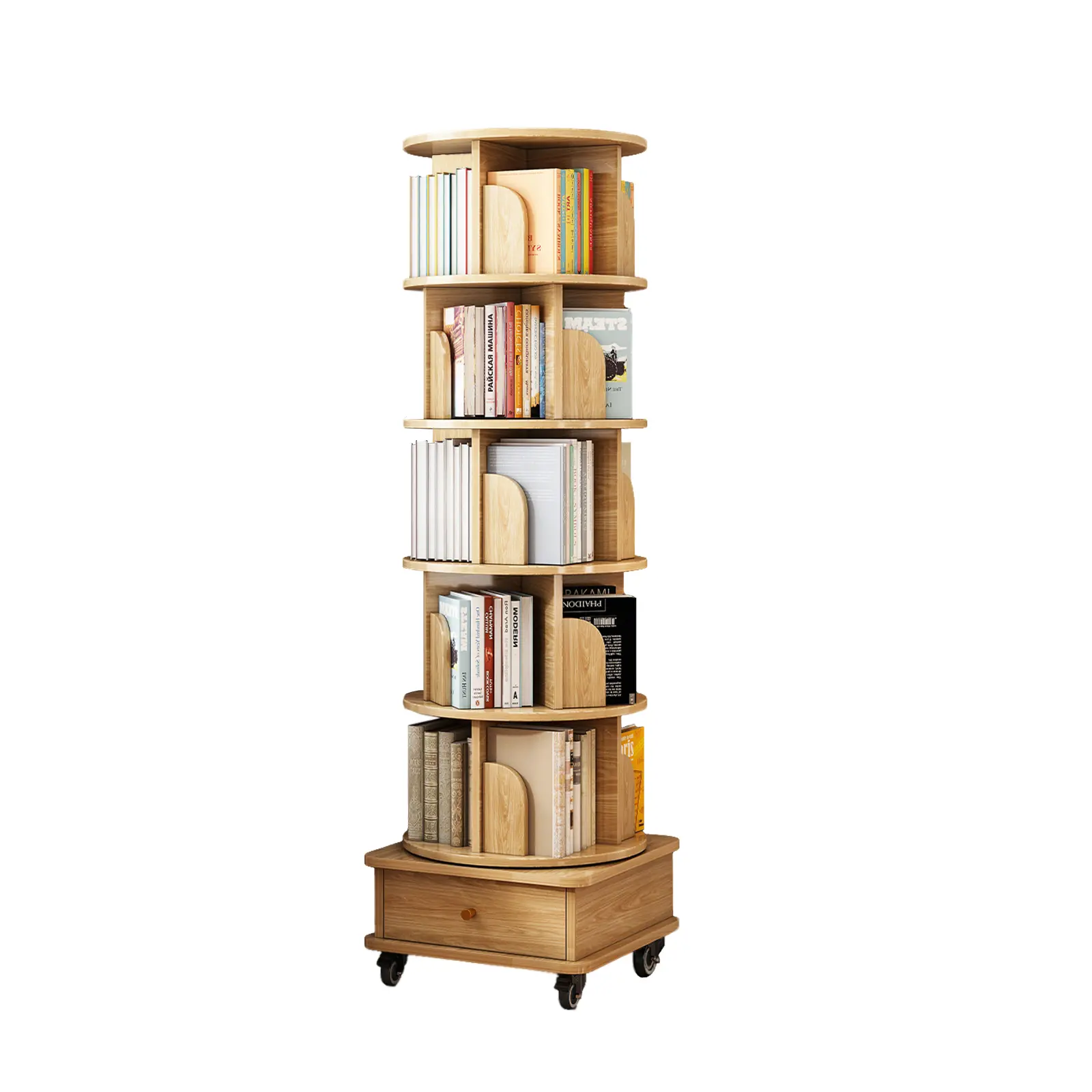 Modern Rustic Natural MDF Wood Finish 6-Tier Round Shape 360° Rotating Shelf - Compact Spinning Display Tower with Wheel, Drawer, Artistic Aesthetic, Assembly Required for Bedroom, Living Room Furniture