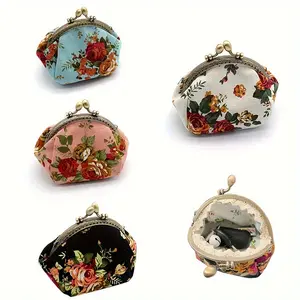 Mini Retro Flower Pattern Clutch Wallet Kiss Lock Carry On Pouch Lightweight Wallet For Women Vintage Style Opaque Bag Daily Commuter Purse