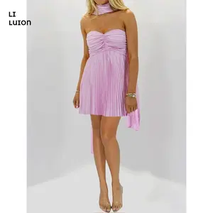 Women Floral Tube Strapless Mini Dress with Scarf Sleeveless Backless Ruched Aline Short Dresses Y2K Beach Sundress