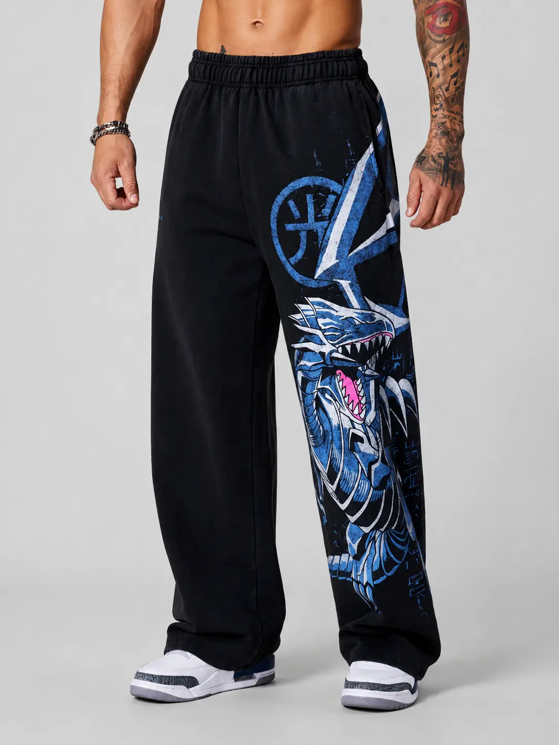 Men's Blue Dragon Graphic Sweatpants Loose Fit Black Anime Streetwear Baggy Joggers