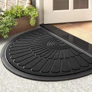 Semi-Circular Non-Slip Rubber Door Mat, Indoor/Outdoor Low Profile Entryway Rug, Mud Trap Dirt Trapper for Muddy Shoes & Pets, 17”x30” Black Indoor Entryway Rugs