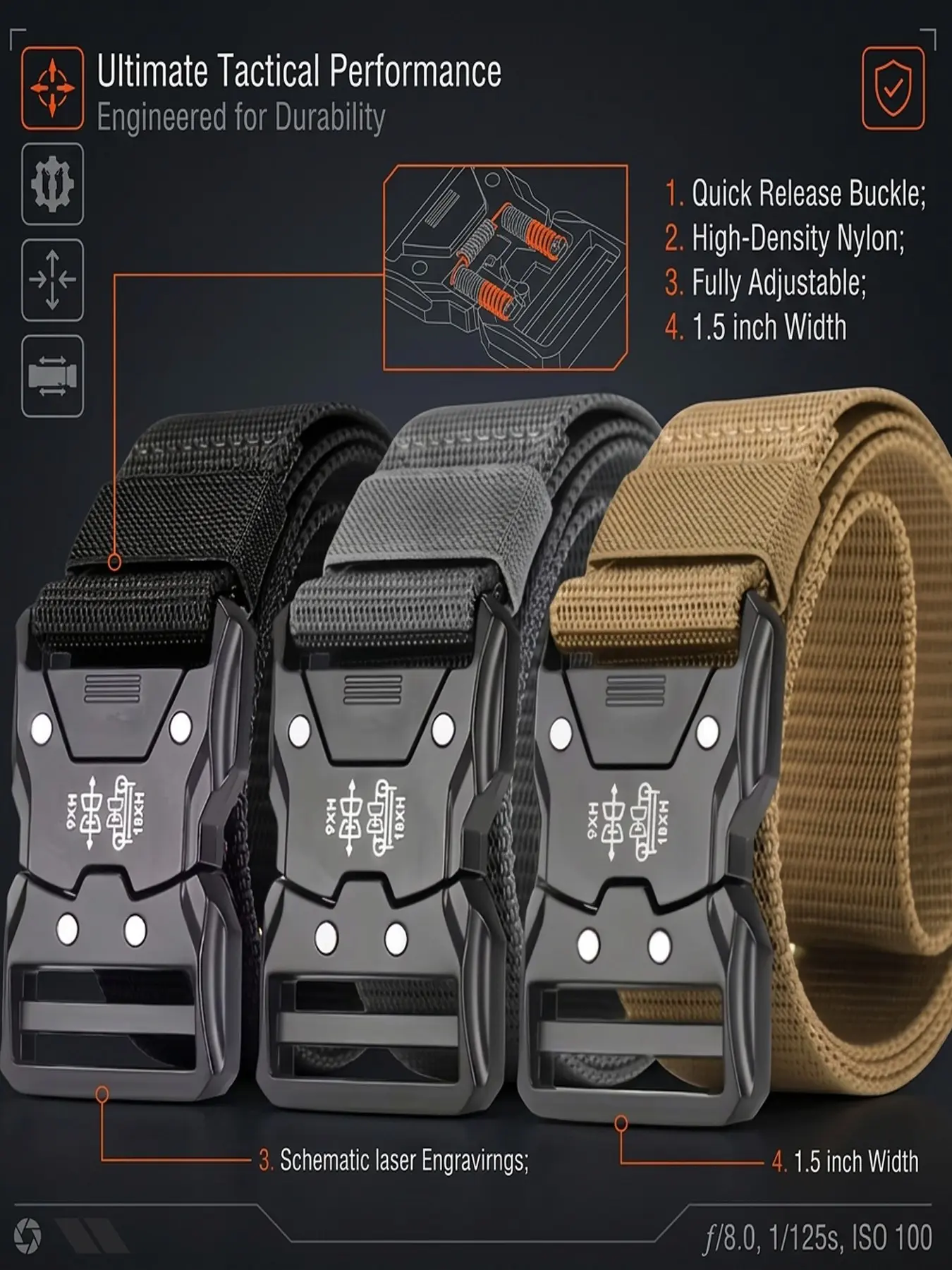 2026 New Release 3pcs Quick-Release Fully Adjustable Tactical Combat Duty Army Belt for Men Durable Nylon Schematic Laser Engravings Workout Gun Belt Outdoor Training Hunting Hiking Suitable for All Seasons Sporty Style Plain Design Durable Belts