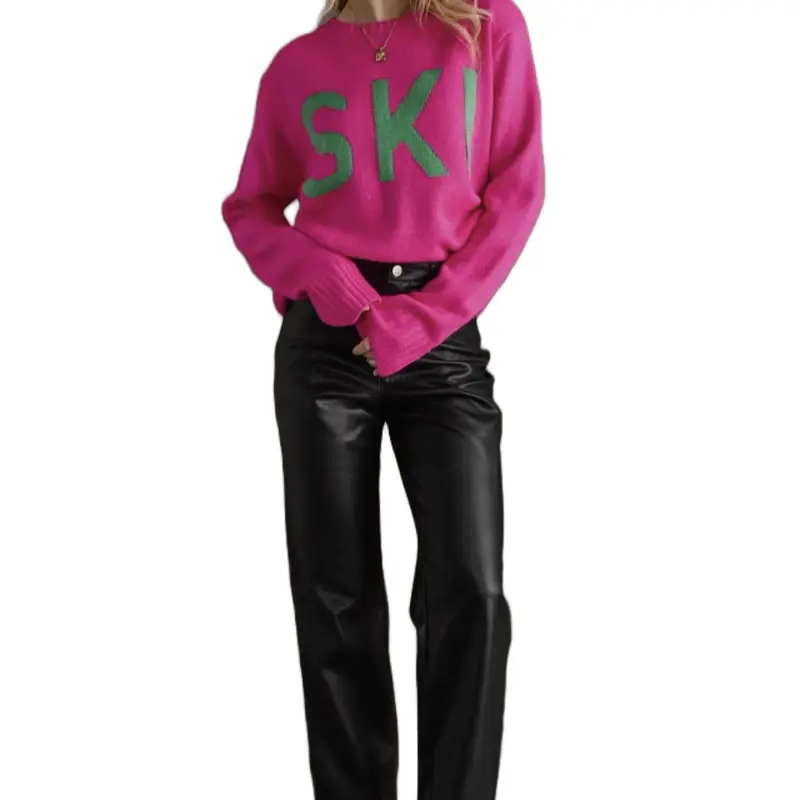 Pink & Green Ski Sweater with Bold Lettering and Stylish Fit for Winter Wear