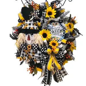 Fall Scarecrow Wreath Thanksgiving Decor Front Door Wreath Yellow Black Scarecrow Wreaths for Fall Harvest Wreath Fall Decor Holiday Gifts