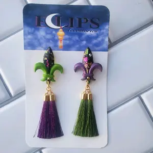 Fleur-de-lis Tassel Handmade Earrings - Traditional New Orleans Design, Unique Handmade Polymer Clay, One-of-a-Kind Jewelry Piece