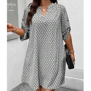 Plus Size Allover Print Roll-up Sleeves Classi Tunic Dress Casual Elegance