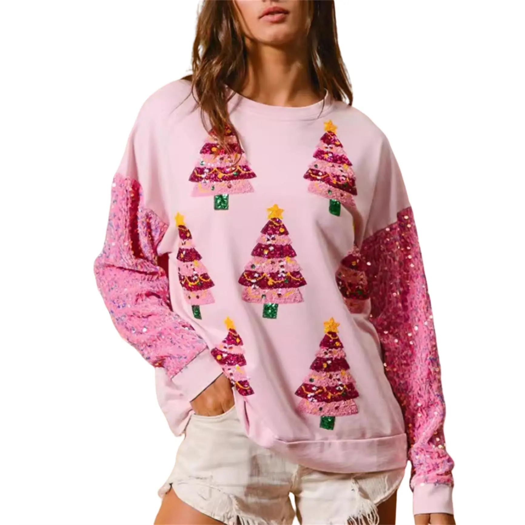 Women's Long Sleeve Casual Christmas Sequined Glitter Santa Funny Graphic Sweatshirt, Xmas Holiday Pullover Top