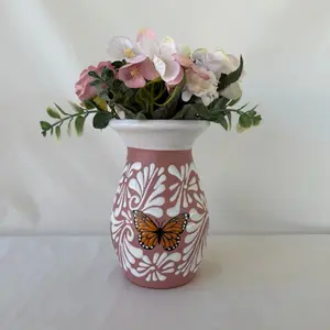 Pink Boliche 7 1/2" Vase with Monarca Butterfly Design for Elegant Home Decor (Flowers not included)
