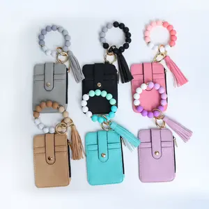 Fashionable Faux Leather Key Rings with Silicone Bead Bracelet, Beaded Keychain, Wallet Card Holder, Gift for Women