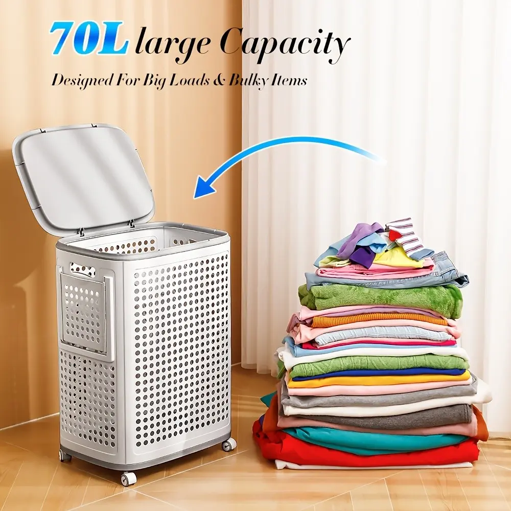 1pc/2pcs 18.5 Gallon Large Foldable Laundry Hamper with Wheels And Handles - White Plastic Dirty Clothes Storage Basket, Suitable for Home Bathroom Laundry Room Storage Large Coat Hanger, Laundry Baskets
