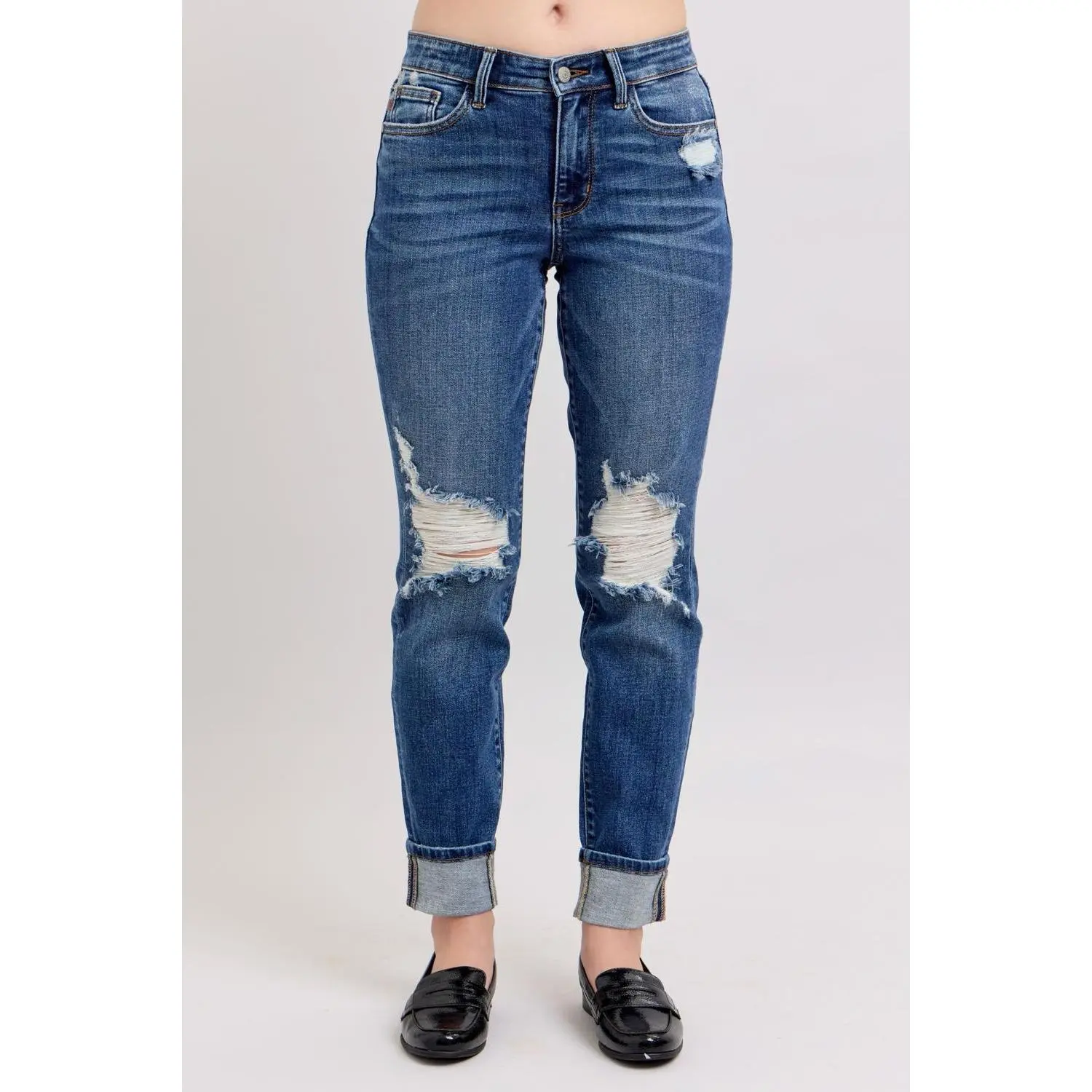 Judy Blue Mid Rise Destroy, Yoke Pocket, Faux Selvedge Boyfriend Denim Jeans 82647, Streetwear, Spandex, Baggy, Everyday, Boyfriend Jeans