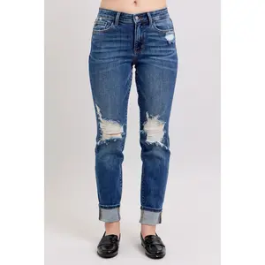 Judy Blue Mid Rise Destroy, Yoke Pocket, Faux Selvedge Boyfriend Denim Jeans 82647
