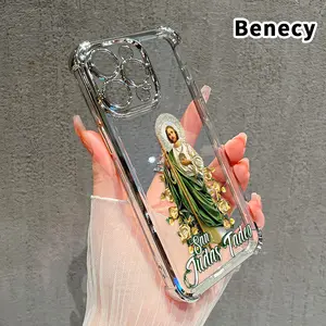 Four Corner Anti-Fall Jesus Yellow Rose Pattern Phone Case for iPhone 16 Pro Max 15 Plus 14 13 12 11 E Shockproof Transparent Electroplated Protective Cover Cellphone Camera Protection Casing
