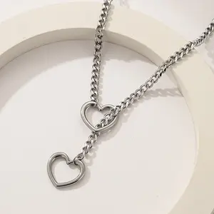 Silver Slip Chain Star O-Ring Lock Open Heart Charm Lariat Necklace for Women - Y Necklace with Day Collar, Y-Shaped Cuban Link Chain Design