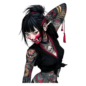 Cyberpunk Oni Tattoo Girl Vinyl Sticker, Dark Anime Demon Aesthetic with Neon Red Face Paint & Full-Body Ink, Perfect for Laptops, Water Bottles, and Helmets