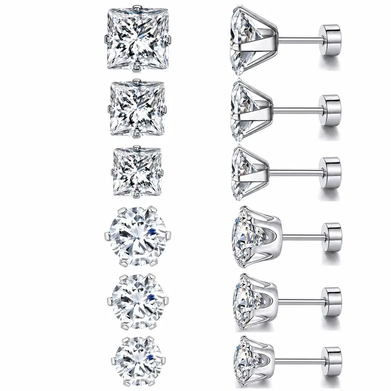 6 Pairs Flat Back Stud Earrings for Women Men, Surgical Steel Cartilage Helix Earrings, Hypoallergenic Cubic Zirconia Earrings Set, 20G Multiple Piercing Earrings, Gold Plated Flatback Studs for Sensitive Ears