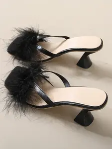 Women's High Heel Fashion Feather Decor Shoes, Square Toe Fluffy Outerwear Slippers, Versatile Casual Women's Footwear