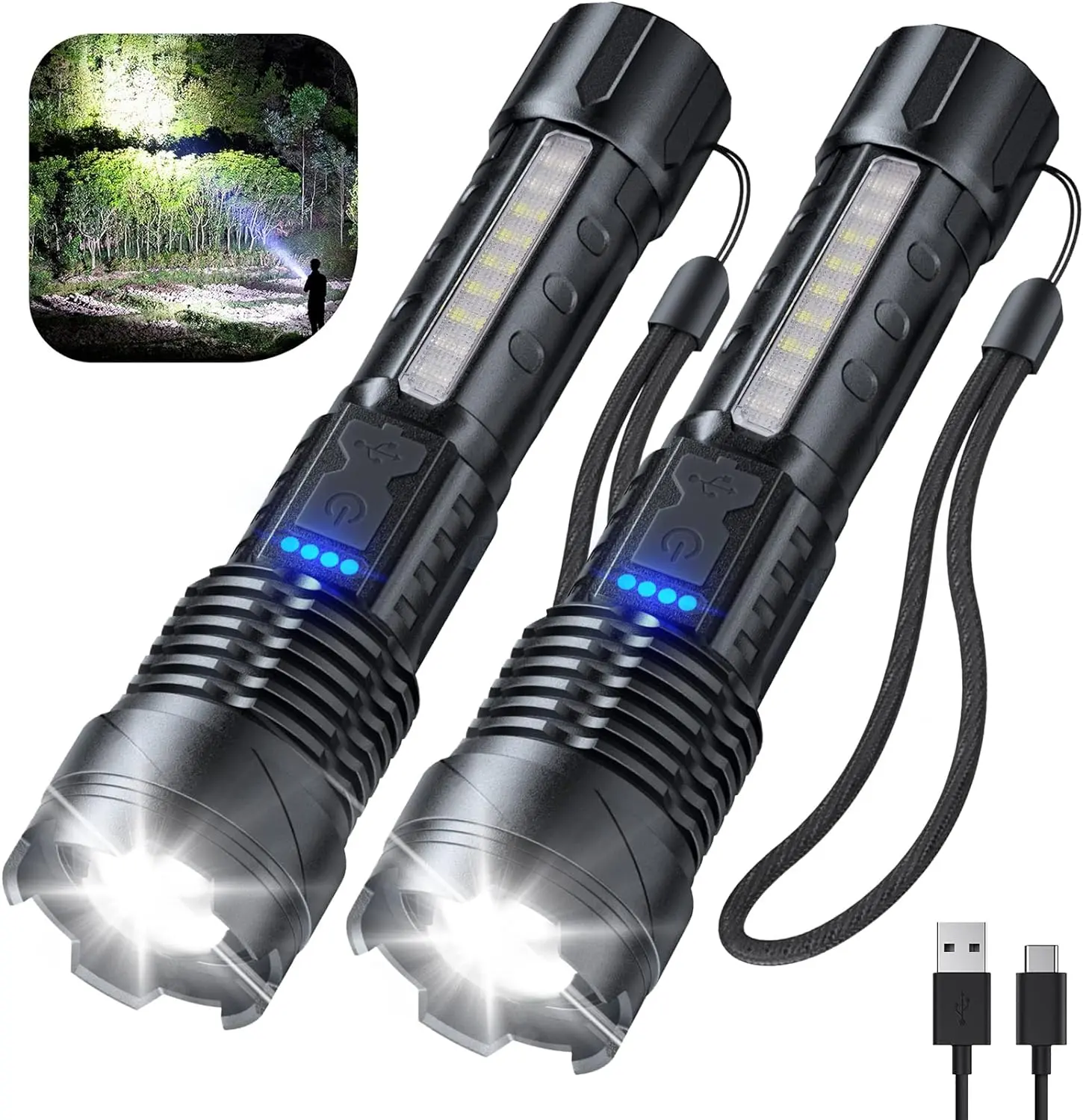Outdoor Tactical Super Bright Flashlight - USB Rechargeable LED Flashlight, Adjustable Waterproof, Compact & Durable, with White/Red/Blue Emergency Modes for Camping, Emergencies, Adjustable Waterproof Flashlight