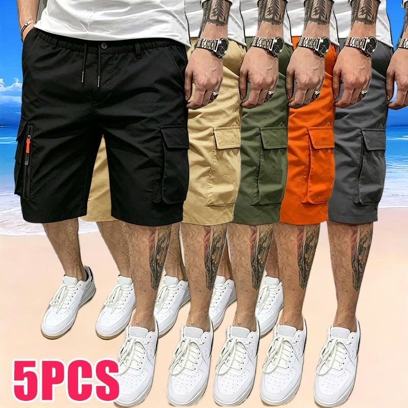 5-Pack Men&rsquo;s Sport Casual Cargo Shorts &mdash; Multiple Pockets, Drawstring Elastic Waist, Decorative False Zipper; Suitable for Outdoor Hiking, Daily Running, and Commuting