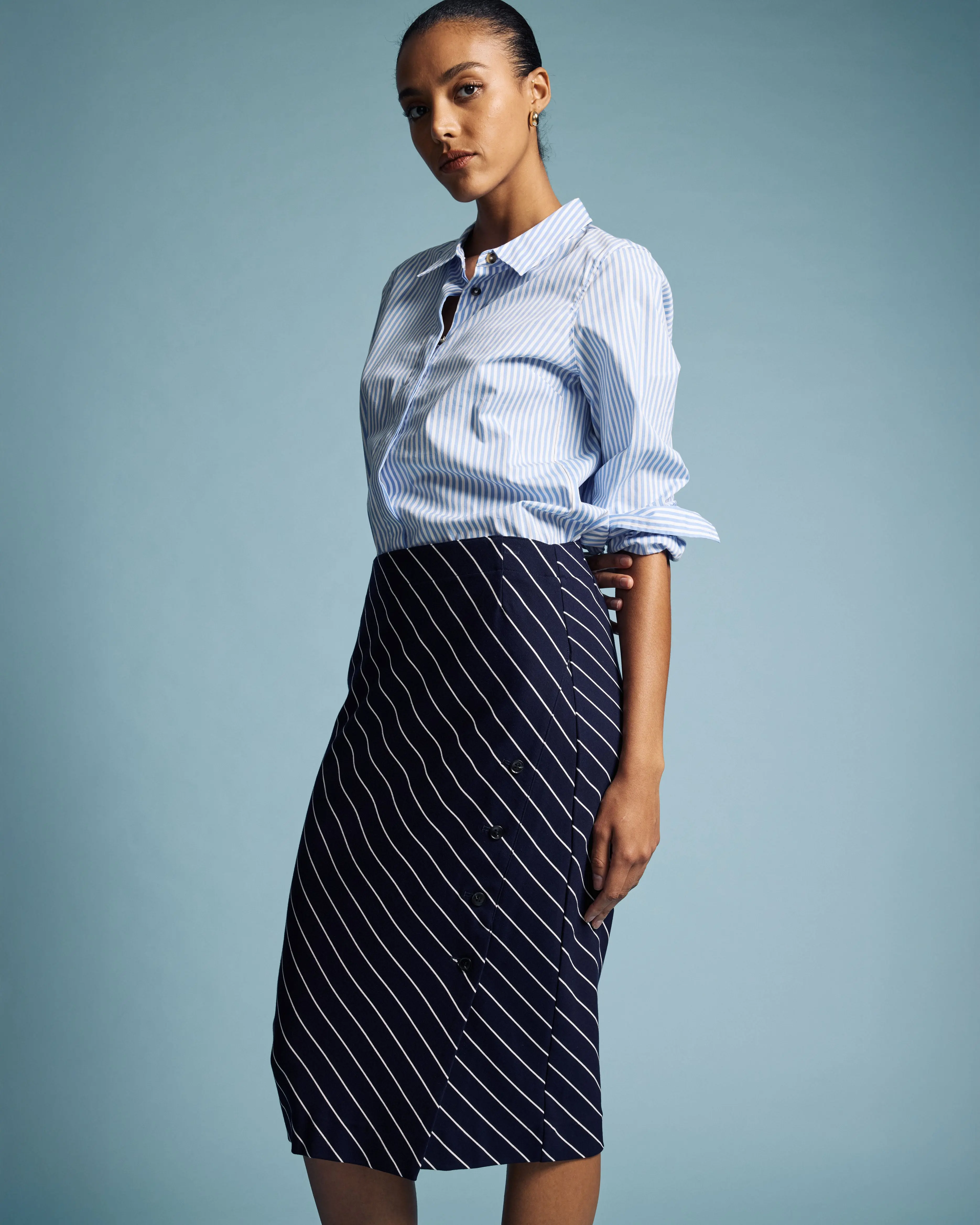 Women's Anya Ponte Pencil Skirt in Navy Pinstripe, Tailored Design with an Elastic Waist and Side Button Wrap Detail, Shirt, Blazer