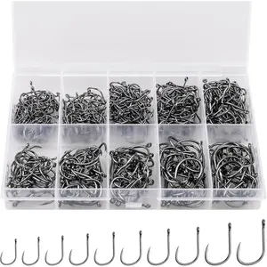 Premium Fishing Hooks, 10 Sizes/4 Sizes Carbon Steel Fishing Hooks W/Portable Plastic Box, Strong Sharp Fish Hook with Barbs for Freshwater/Seawater