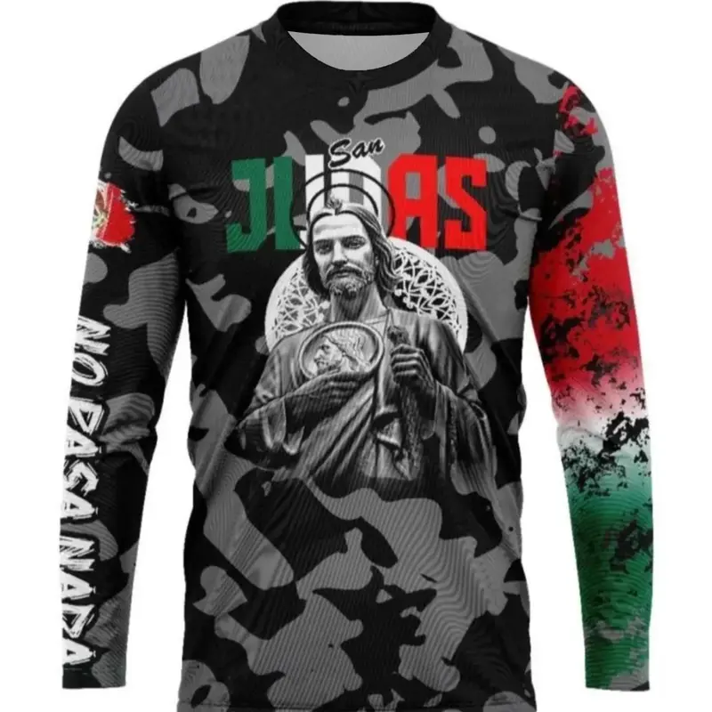 San Judas Off-Road Racing Shirt Mexican Flag Camo Long Sleeve T-Shirt, All Seasons Sports Tops, Sporty Top