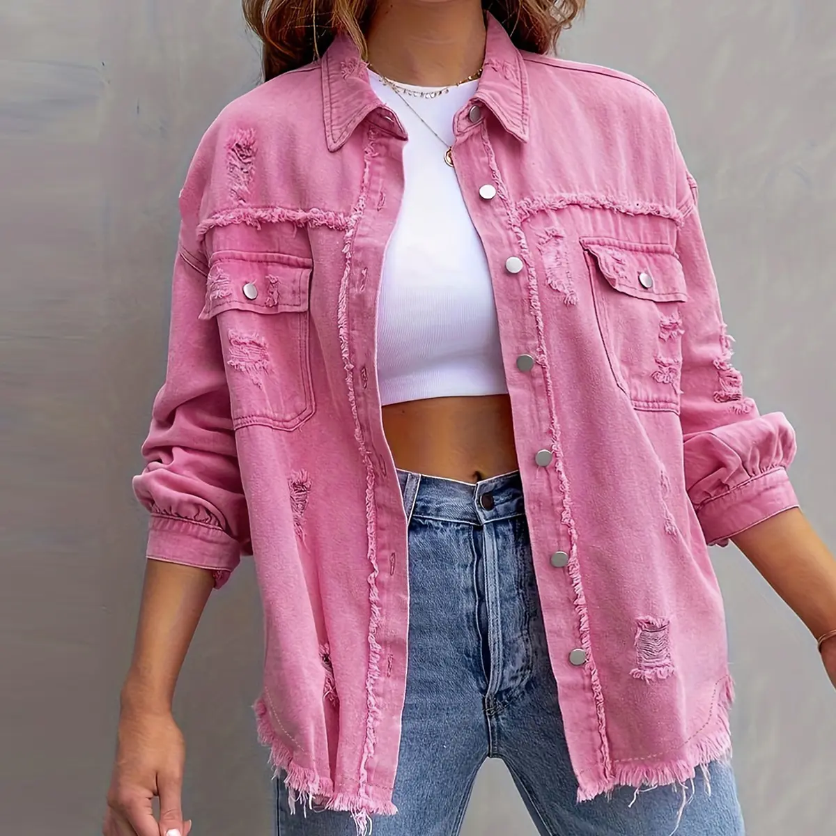 Women's MW Shiny Oversized Denim Shacket - Style-Focused Silver Slip-Inspired Basic Outerwear, Chunky Raw Edge Button-Up, Ripped Details, Drop Shoulder, Lightweight, Crop Top Layering Companion, Casual Unisex Longsleeve Jacket, Vintage Mother's Day Gift