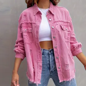 [Free Shipping][US Shipping] MW Shiny Oversized Denim Jacket Women's Raw Edge Button Up Shacket with Ripped Details, Drop Shoulder Long Sleeve Outerwear