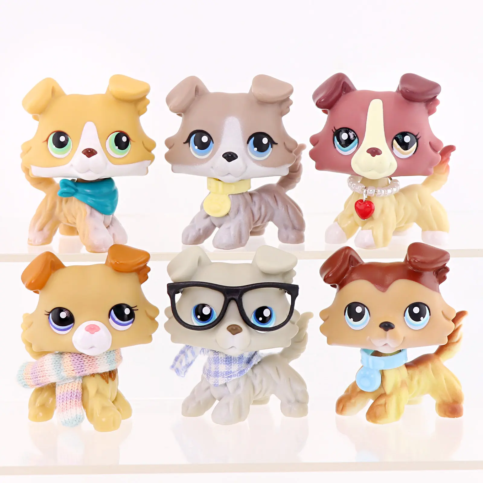 6 Pcs Mini Cartoon Collie Puppy Figurines Set, Big Eye Fluffy Dog Figures with Bandana, Collar, Heart Pendant, Glasses & Knitted Scarf Accessories, Collectible Mini Animal Toys, Cake Toppers, Desk Decor Kids Birthday Gift