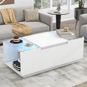 LED Coffee Table for Living Room, Modern Center Table with RGB Light & Hidden Storage, Small Spaces Furniture for Apartment, White High Gloss
