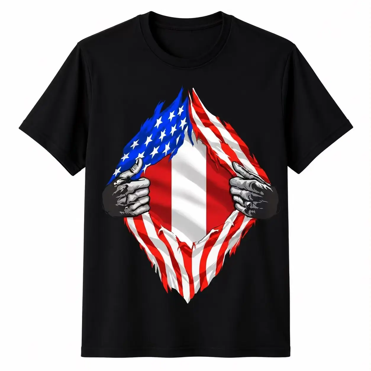 Tear Open USA Peru Flag Dual Country Pride Graphic Black Crew Neck T-Shirt American Peruvian Heritage Tee (No Box Included)