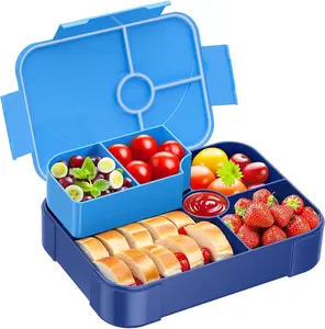 Bento Box for  - Leakproof Bento Lunch Box with 6 Compartments Portions Lunchbox for  Ages 3 to 7  to School,   On-the-Go Meal and Snack Packing Containers, Blue