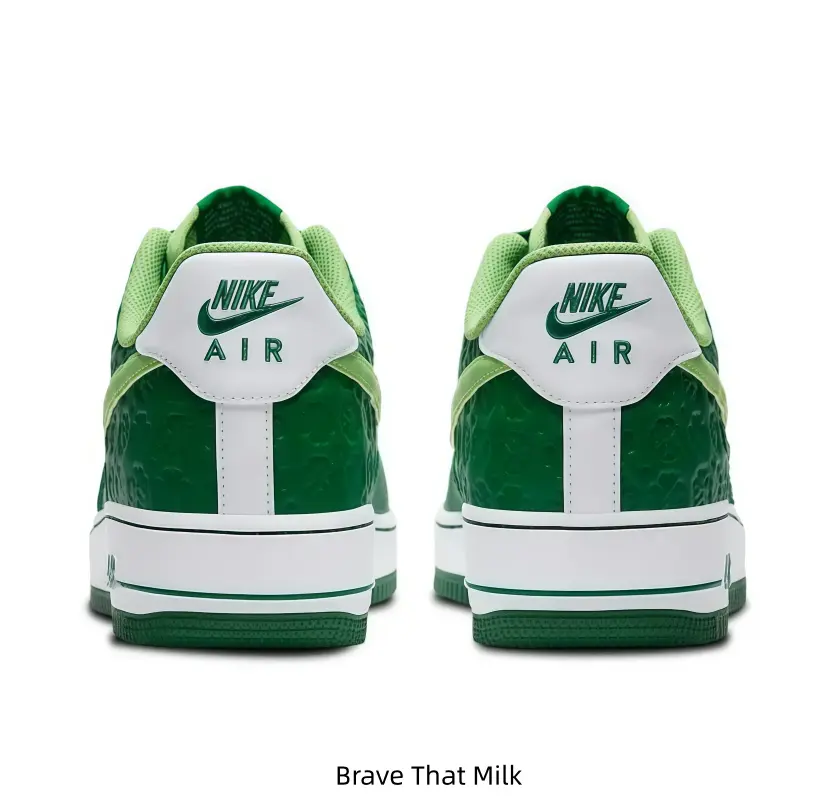 Brand New in Box Low-Top Casual Sneakers Dark Green & Light Green Colorway Leather Upper + Rubber Outsole White Midsole Metal Lace Tips Clover Print Detail Unisex Shoes