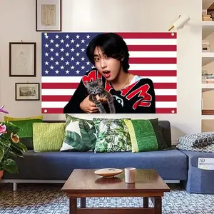 Durable Decorative Tapestry (3x5ft) - SKZ's Han with a Kitten & USA Kpop Flag, Brass Grommets, Modern Stripe Design, Home Decor Supplies, Wall Tapestries for Dorm Bedrooms, Gift Item