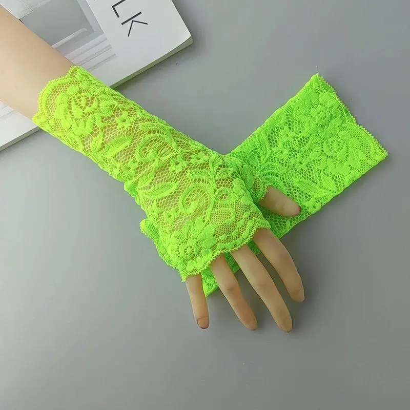 Sexy Fluorescence Party Dress Fingerless Sun Sleeve Glove Summer Women Cycling Hip Hop Punk Dance Mesh Lace Flower Mitten