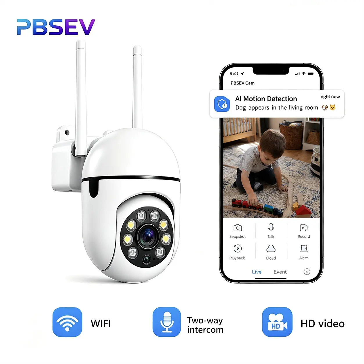 PBSEV Smart Home Security Camera - 1080P Full HD 360° Rotating Wi-Fi & Bluetooth Device with 3x Zoom, Full-Color Night Vision, Motion Detection, 2-Way Audio, Remote Live View, SD/TF Card & Cloud Storage, Easy Installation (Baby Monitor)