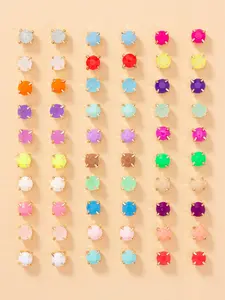 30 Pairs Women's Simple Style Plain Color Rhinestones Decorated Stud Earrings, Casual Trendy Colorful Square Stud Earrings, Fashionable Accessories For Daily Decoration