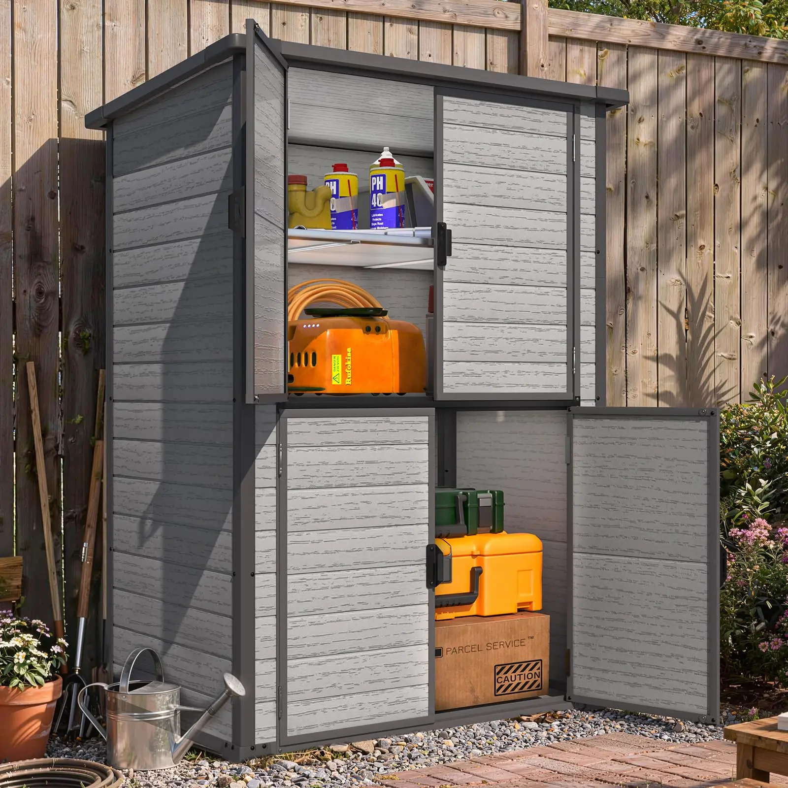 AECOJOY Large 58 Cu.Ft Resin Outdoor Storage Cabinet Waterproof with Adjustable Shelves Vertical Tall Plastic Storage Cabinet with Reinforced Floor Weatherproof Sheds & Outdoor Storage Clearance with Base
