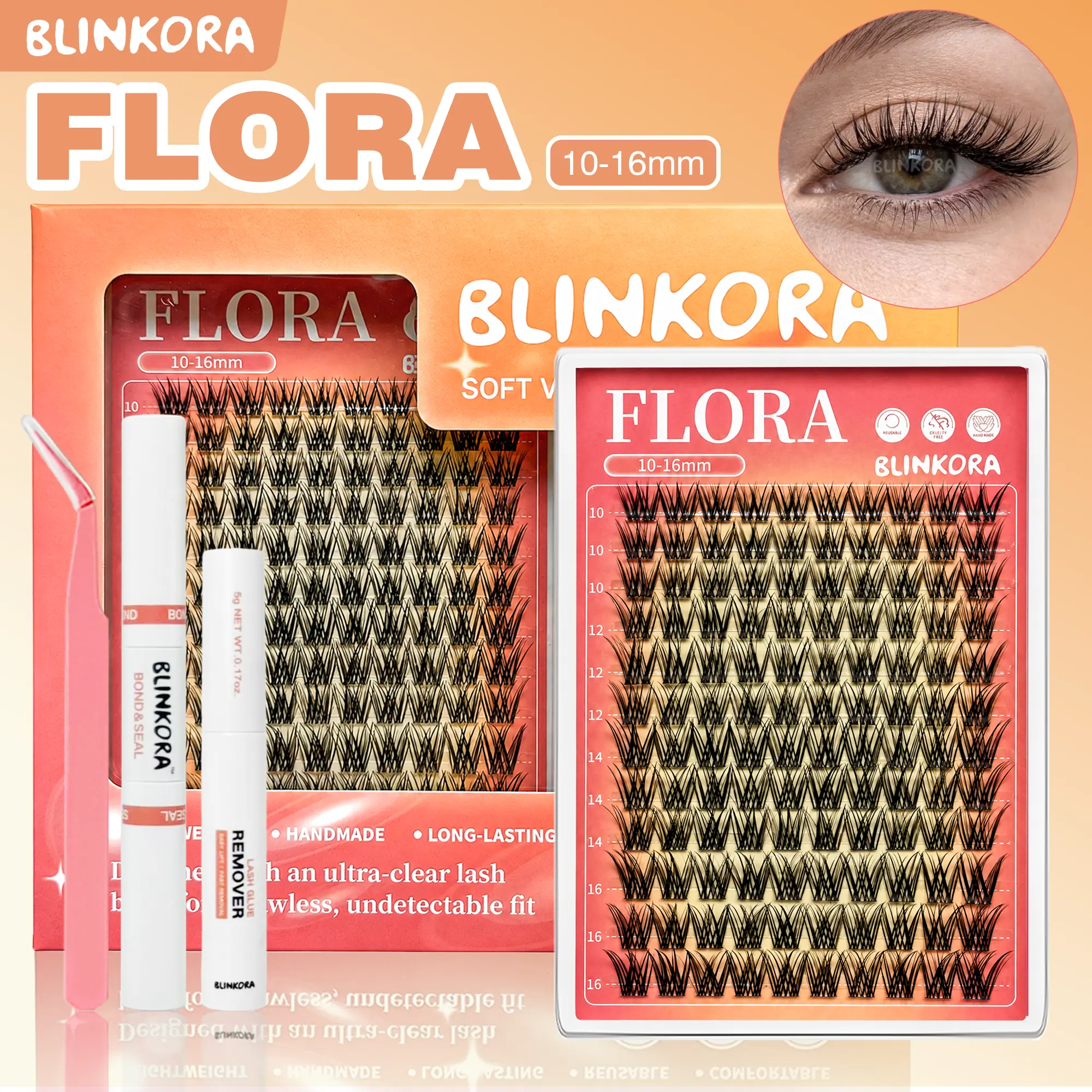 Blinkora Floral Lash Clusters Kit - Invisible Ultra-Thin Band, Soft Waterproof DIY Eyelash Extensions, Lightweight Volume Individual Wispy Lashes, Pre-Made False Eyelashes & Adhesives for Long-Lasting Airy Look