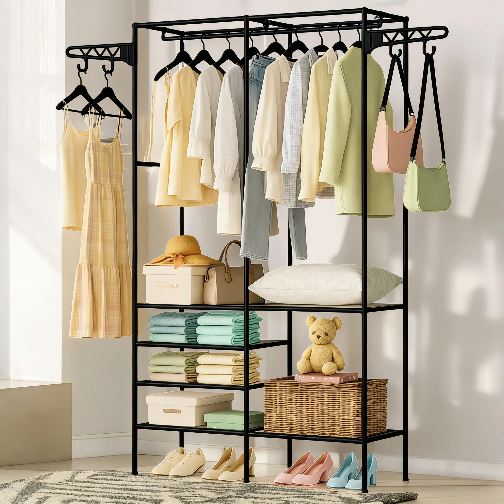Freestanding Metal Clothes Storage Rack with Rotatable Hooks - 4-Layer Hanging Fabric Organizer, Corrosion-Resistant Multifunctional Unit with Plastic Elements, 66.1x42.1x14.2in Tool-Free Install Adjustable Shelf Display