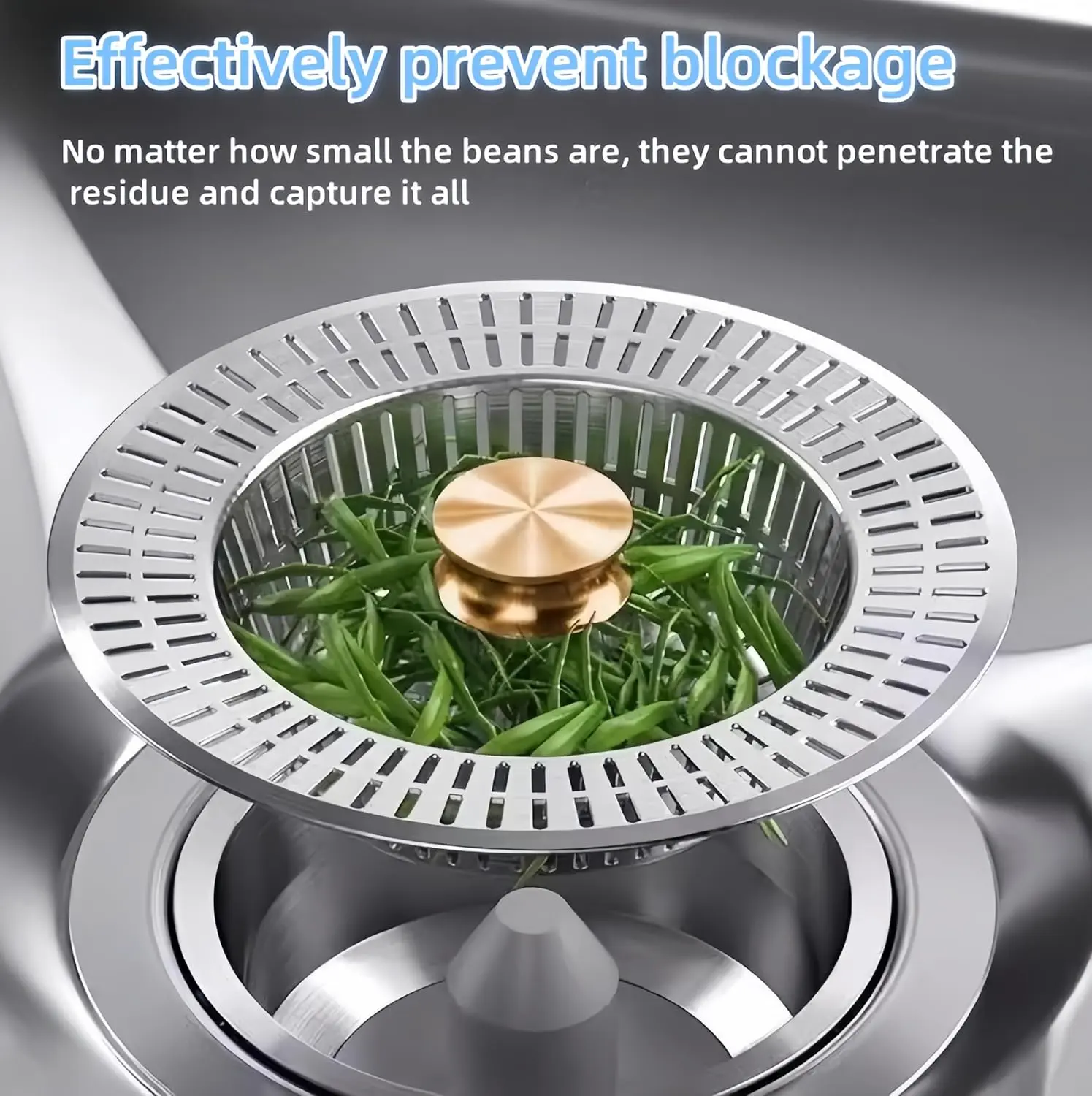 3-in-1 kitchen sink strainer basket, stainless steel material, designed to prevent sink clogs; suitable for standard drain openings. Modern