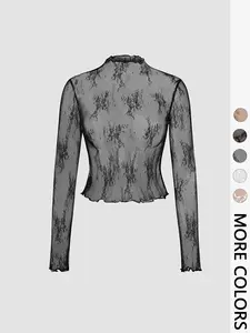 Women's Mock Neck Sheer Floral Lace Tee, Elegant Long Sleeve T-shirt for Daily Wear, gift for Girl, Ladies Clothes for All Seasons