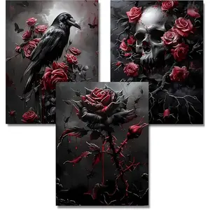 Gothic Raven Skull Rose Diamond Painting Kit - 3-Pack Dark Rhinestone Art, Full Drill DIY Wall Decor