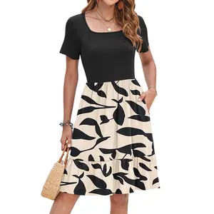 AUSELILY Womens Dresses 2025 Casual Short Sleeve Dress Square Neck A-Line Ruffle Sundress with Pockets