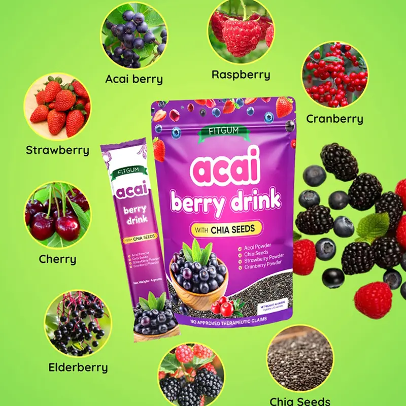 Acai Berry Blend Hydration Powder with Chia Seeds, Individual Packs - 10 Sachets Acai Berry Blend Hydration Powder with Chia Seeds, Individual Packs - 10 Sachets