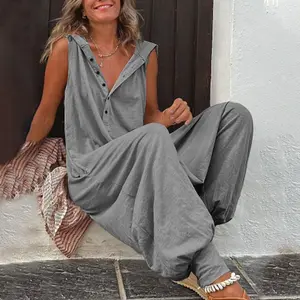 Women’s 2025 button-up hooded sleeveless wide-leg jumpsuit — fashionable women’s clothing for vacations and commuting